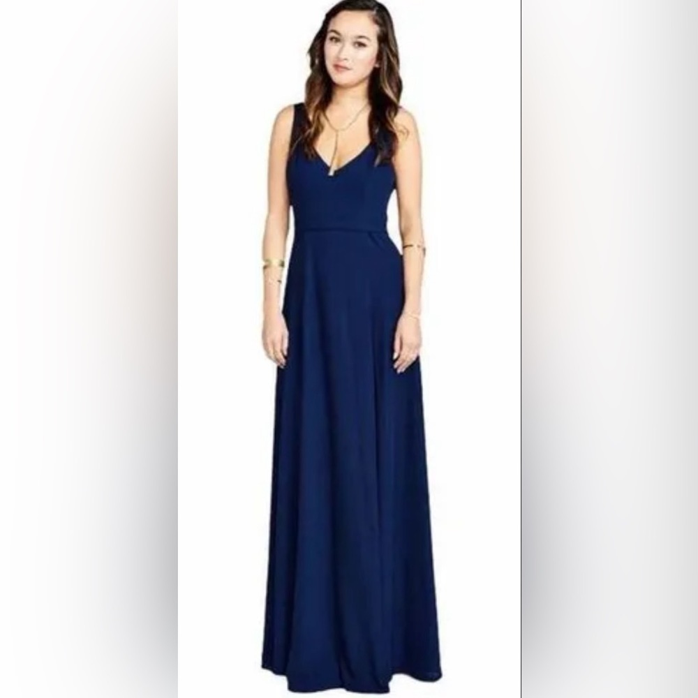 065 Show Me Your Mumu Women L Rich Navy Jenn Maxi Dress Gown Chiffon A-L…